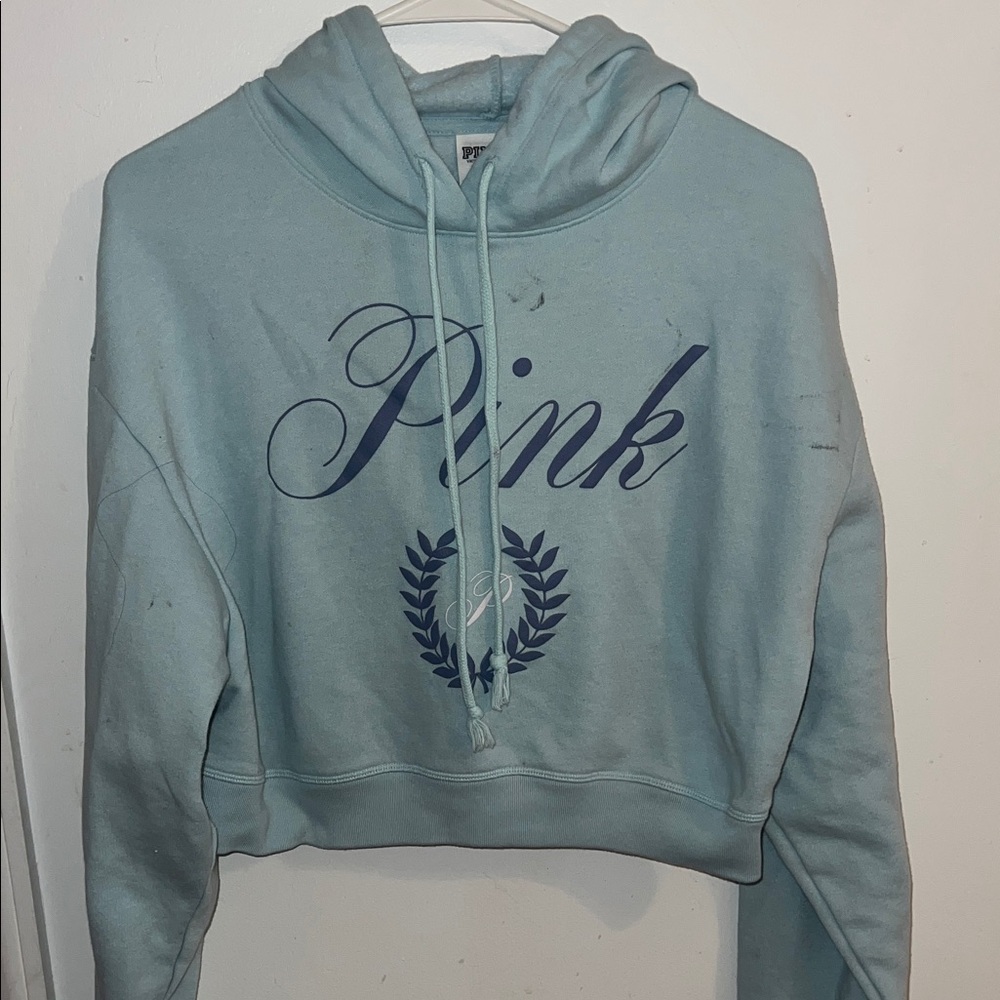 PINK Victoria's Secret Light Blue Cropped Hoodie and pants set